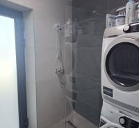 Bathroom in a family house with a washing machine and a shower.