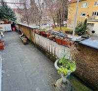 A balcony with flower pots and a view of F. Madvu Street in Prievidza offers a peaceful environment.