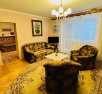 Living room in a 3-room apartment with a sofa, an armchair, and a wooden decor floor.