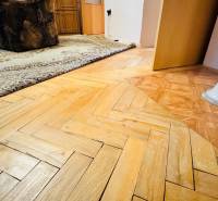 A floor with a wood decor in a 3-room apartment, carpet, and furniture in the interior.