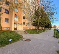 Apartment building on Murániho Street in the city of Nitra, next to the sidewalk and trees.