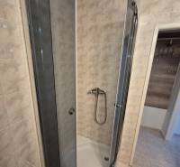 A shower corner with ceramic tiles in a studio apartment.