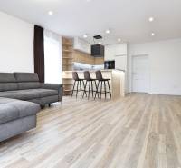 Living room in a 3-room apartment with a sofa, bar, and wooden decor flooring.