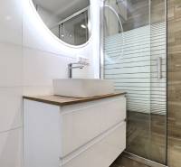 Bathroom with a sink and a shower in a 3-room apartment, floor with wooden decor.