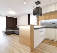 Interior of a 3-room apartment with a kitchen, sofa, and wooden decor flooring.