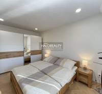 A bright bedroom in a one-room apartment with wood-patterned flooring and a built-in wardrobe.