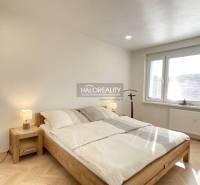 Bright bedroom in a studio apartment with wood-patterned flooring and a large window.