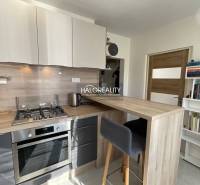 A kitchen in a studio apartment with a kitchen counter and appliances.
