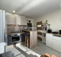 A kitchen in a studio apartment with a bright interior and a seating counter.