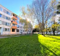 The apartment building on Veľká Okružná in Partizánske surrounded by greenery and parked cars.
