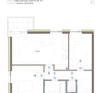 Floor plan of a 3-room apartment with a northeast orientation and a large terrace.