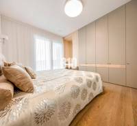 Bedroom in a 3-room apartment with a bed, built-in wardrobe, and wooden decor flooring.