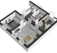 Living room and kitchen in a two-room apartment with a wooden decor floor.