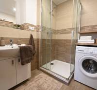 Bathroom in a 2-room apartment with a washing machine and a shower, floor with wooden decor.