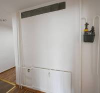 An interior with a white wall, a radiator, and a wooden decor floor in a 2-room apartment.