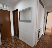 A hallway in a 2-room apartment with a wooden-patterned floor and a mirror on the wall.