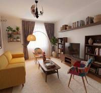 A stylish living room in a 2-room apartment with a comfortable sofa and wooden shelves.