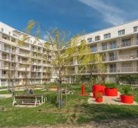 View of a residential building and courtyard with a playground in Bratislava - Ružinov.
