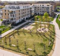 In Bratislava - Ružinov, between apartment buildings, there is a green park with a playground.