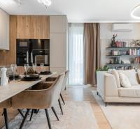 Open-plan three-room apartment with a kitchen, dining table, and comfortable living area.