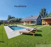 Visualization of a house with a pool and a gazebo on a plot in Hosťová, suitable for living.