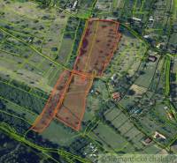 Aerial view of plots - housing in the town of Krupina with parcel markings.