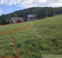 Plots - housing, Horný Tisovník. Grassland with a rural building and a wooded hill in the background.
