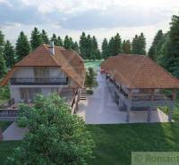A family house in Šiatorská Bukovinka surrounded by trees with a wooden terrace and garden seating.