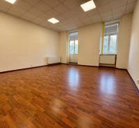 An empty office with wood-patterned flooring and large windows.