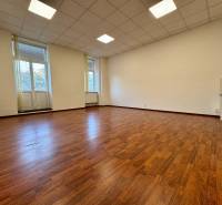 Spacious offices with wood-decor flooring and large windows.