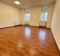 Offices with wood-patterned flooring, bright interior with large windows.