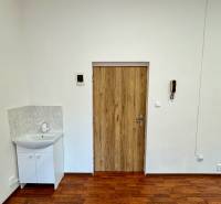 Floor with wood decor, sink, door, and ceiling tiles in the office.