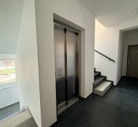 A hallway with an elevator and staircase in a 2-room apartment, flooring with a wooden decor.