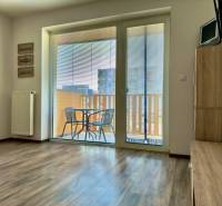 Living room in a two-room apartment with wood-patterned flooring and access to a balcony.