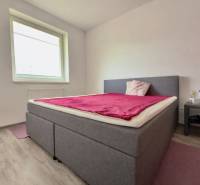 Bedroom in a 2-room apartment with a bed, wood-patterned floor, and a nightstand.