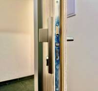 A close-up of an open door with hardware in a 2-room apartment.