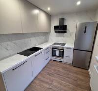 A kitchen with glossy cabinets and a wooden decor floor in a 3-room apartment.