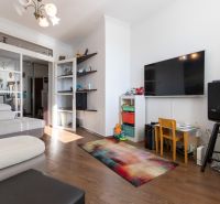 Living room in a two-room apartment with a sofa, TV, children's corner, and floor with wooden decor.
