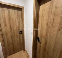 Wooden door and floor with wood decor in a studio apartment.