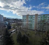 View of the parking lot and greenery near the apartment building on Lúčná Street in Prievidza.