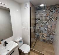 A bathroom in a studio apartment with a modern shower and a wooden decor floor.