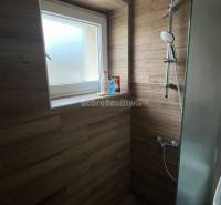 Shower corner in a 2-room apartment with wood decor tiles and a window.