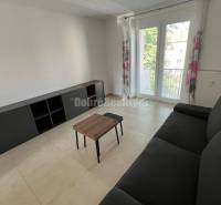 Living room in a two-room apartment with a black sofa and a table.