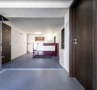 Reception with dark doors and simple furniture in a family house.