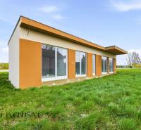 A cottage in Vojka nad Dunajom with a green grass environment and large windows.