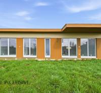 A cottage in Vojka nad Dunajom with large windows and a flat roof, surrounded by a grassy area.