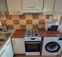 Kitchen unit in a 2-room apartment, equipped with appliances, floor with wood decor.