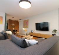 Living room in a 4-room apartment with a wooden decor floor, gray sofa, and plants.