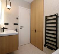 Bathroom with a cabinet, white sink, and black ladder radiator in a 4-room apartment.