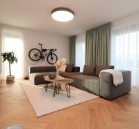 Bright living room in a 4-room apartment with a sofa, bicycle, wooden decor flooring, and plants.